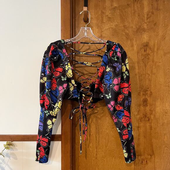 JADED LONDON Butterfly Puff Sleeve Lace‎ Up Crop Top Festival Black Women's 4 - Picture 4 of 10
